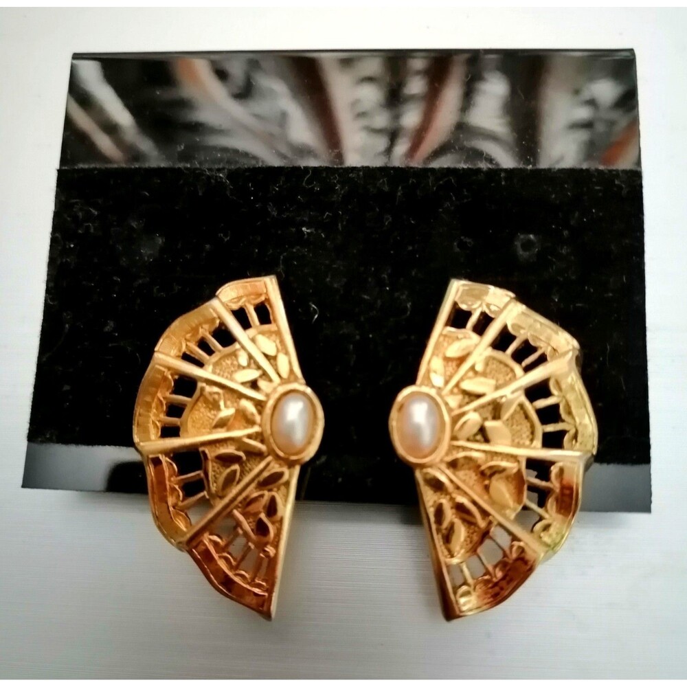 Vintage Faux Pearl Earrings Gold Tone Fan Shaped Modernist Filigree Statement